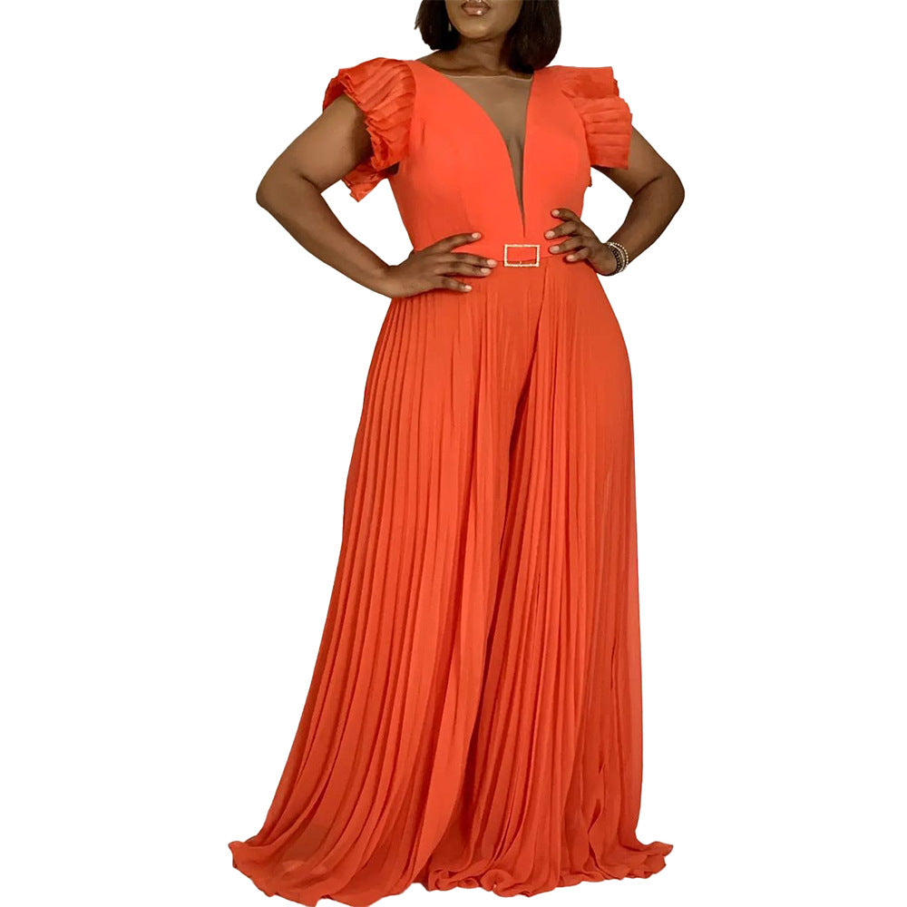 Women's Summer Fashion Stitching Sexy Pleated High Waist Jumpsuits