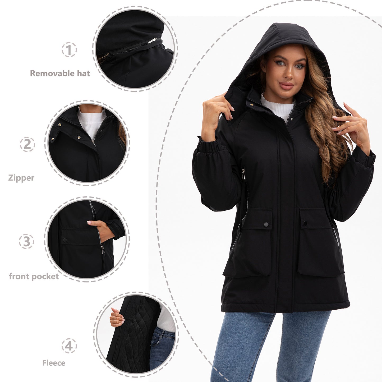 Detachable Cap Parka Fleece Padded Shell Coats