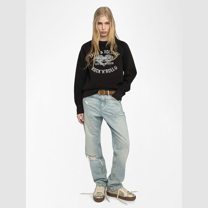 Classic Letter Printing Heart Hot Rhinestone Sweaters