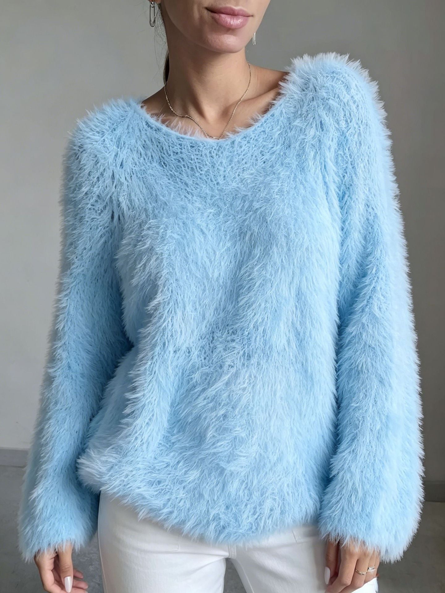 Women's Neck Fluffy Design Solid Long Sleeve Tops