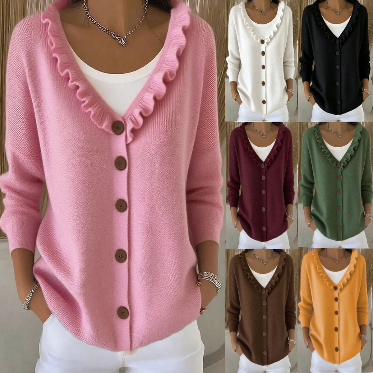 Women's Wooden Ear Knitted Solid Color Casual Coats
