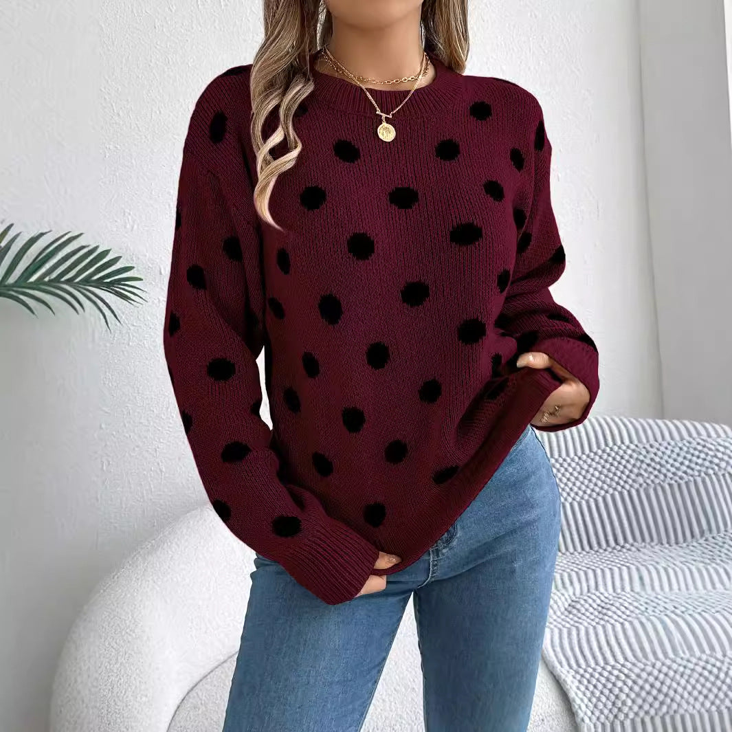 Women's Contrast Color Polka Dot Long Sleeve Sweaters