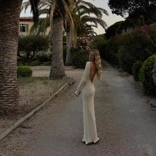 Women's Backless Flared Sleeve Ruffled Knitted Dress Sexy Dresses