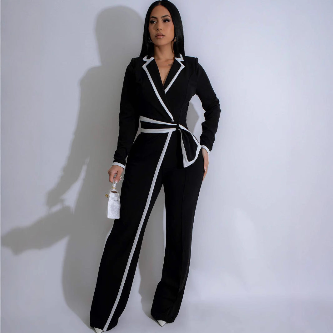 Women's Fashion Wear Belt Design Patchwork Long Jumpsuits