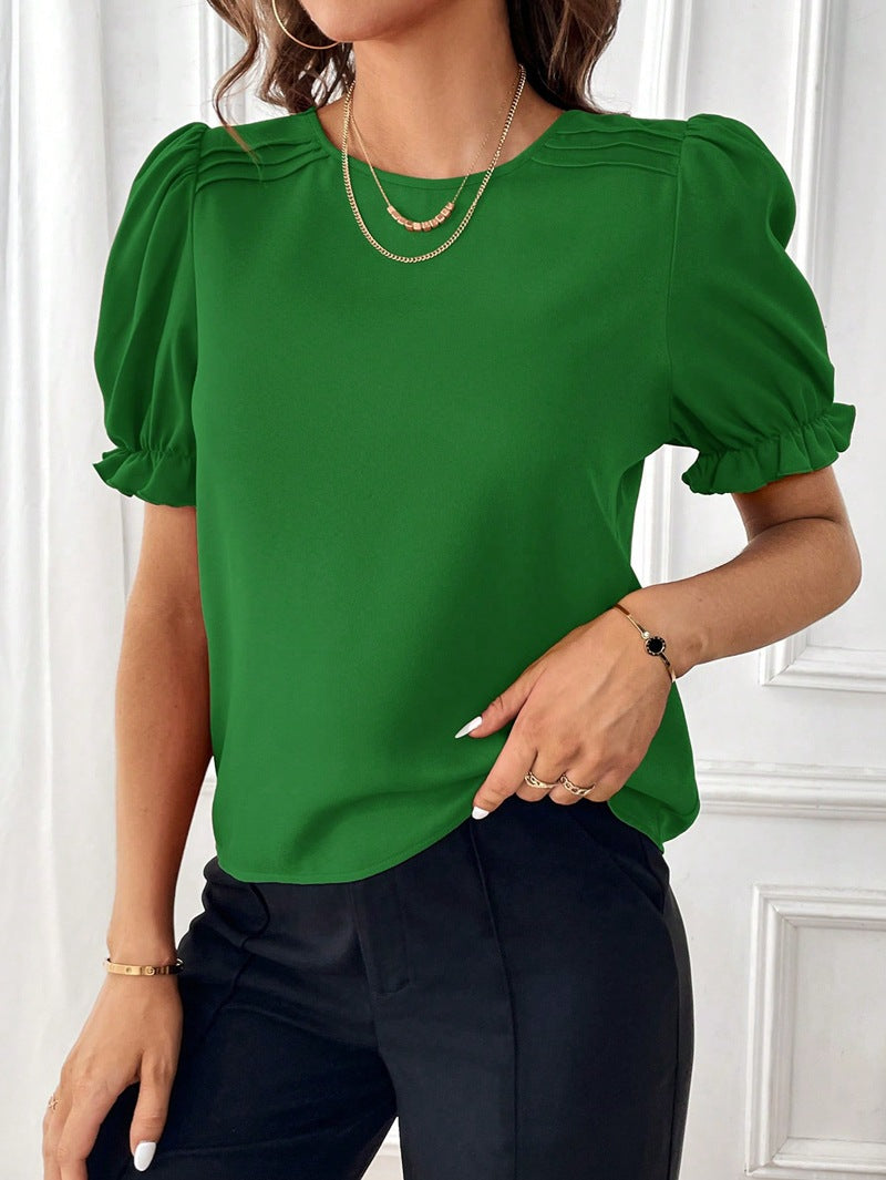 Women's Summer Fashion Temperament Pure Color Round Blouses