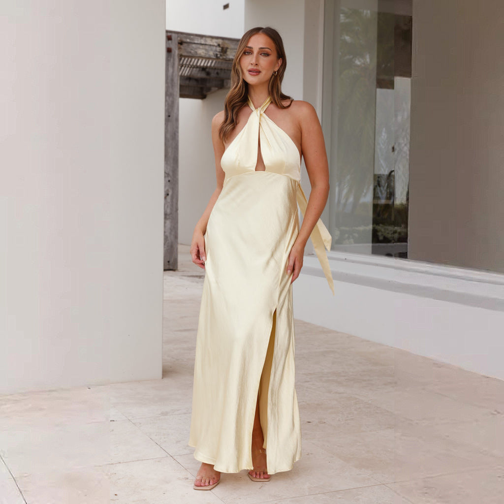 Women's Sexy Waist Trimming Halter Split Long Dresses