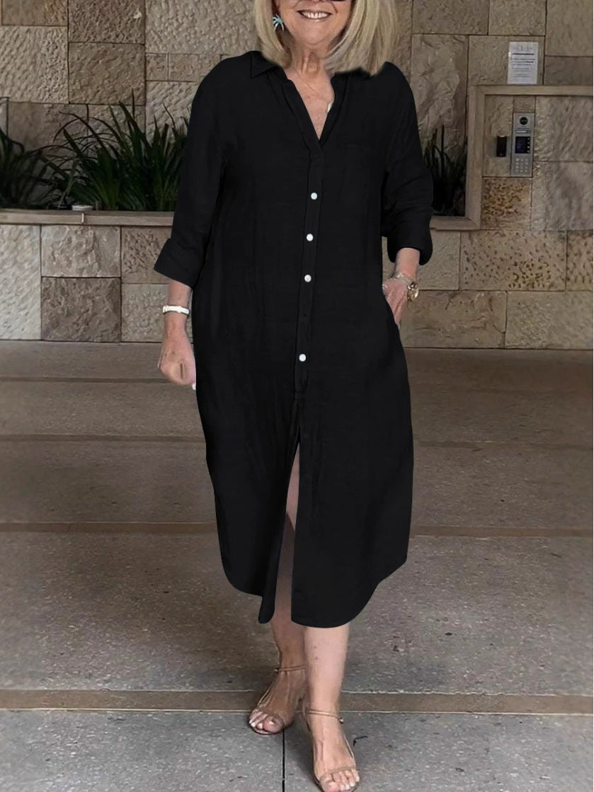 Women's Pocket Casual Polo Collar Single-breasted Cotton Dress