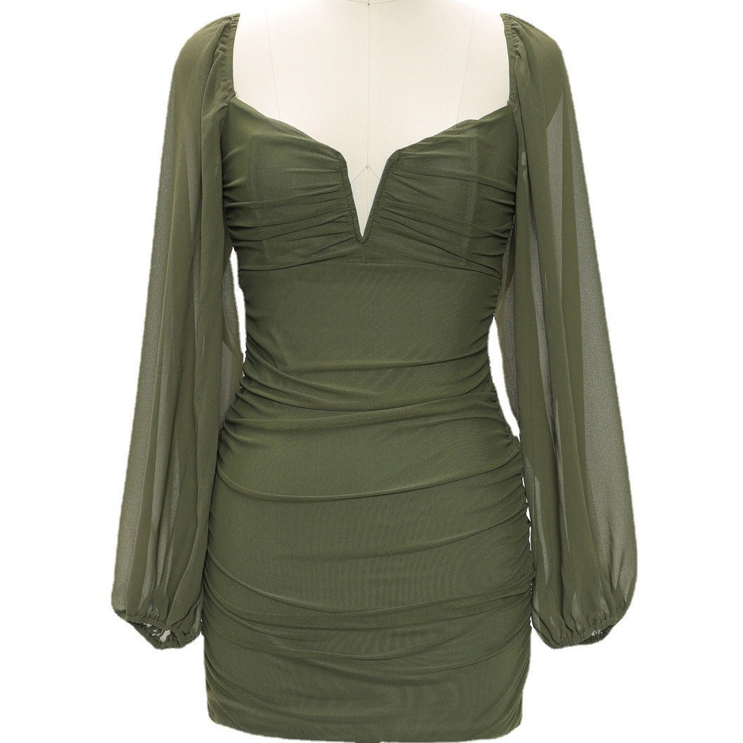 Women's Sexy Collar Mesh Long Sleeve Female Dress