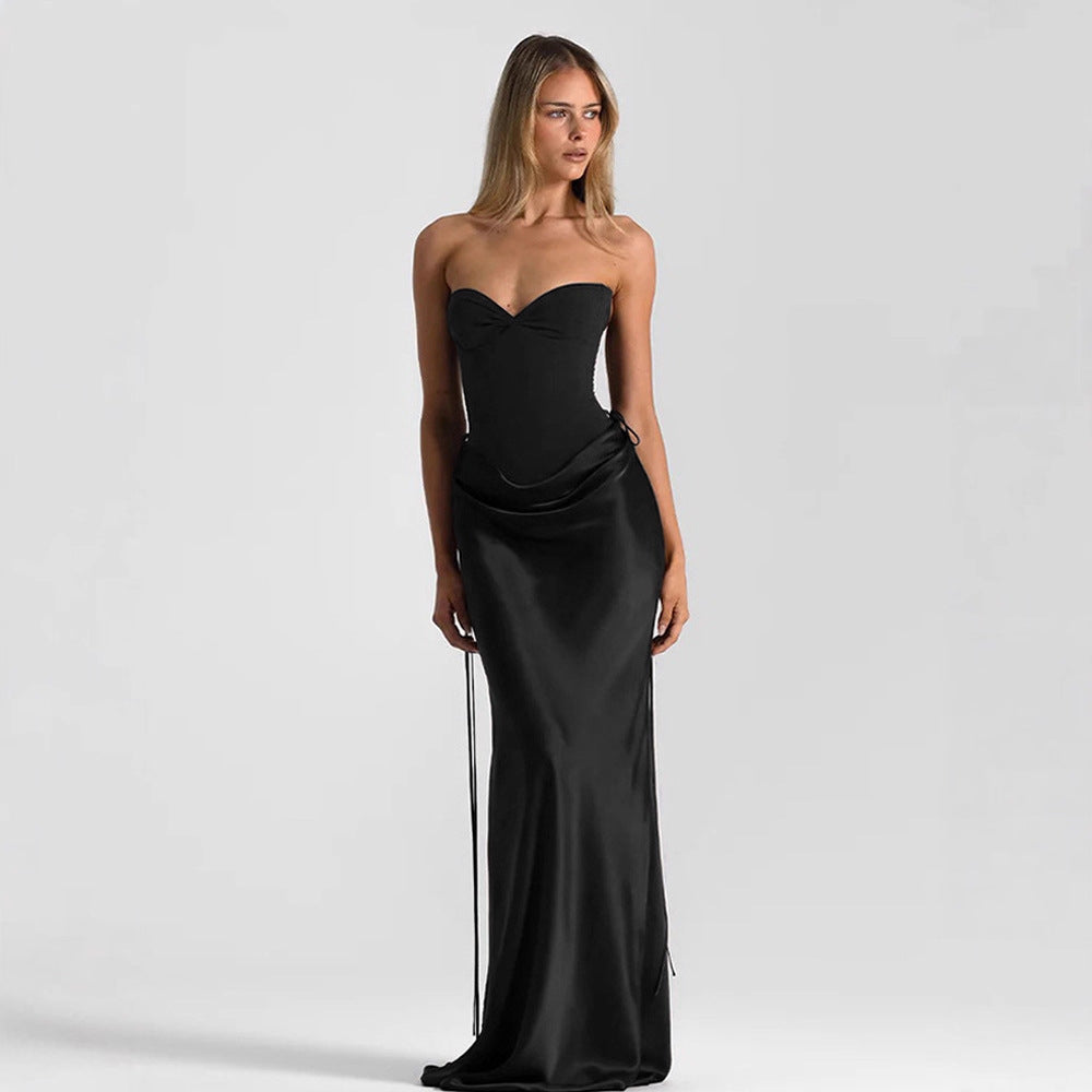 Women's Solid Color Fishbone Waist Slim Drape Ribbon Dress