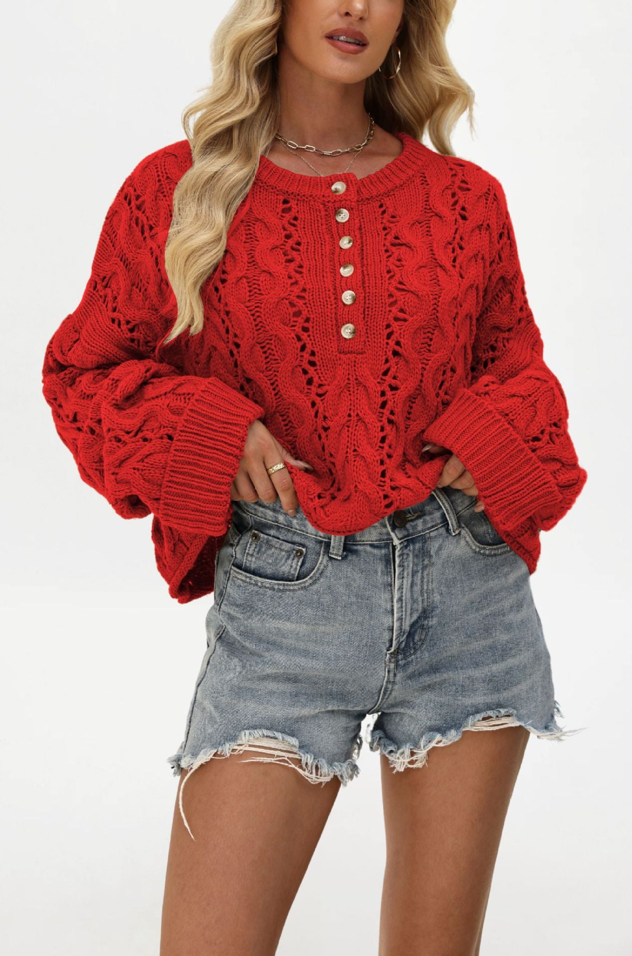 Women's Button Loose Solid Color Pullover Sweaters