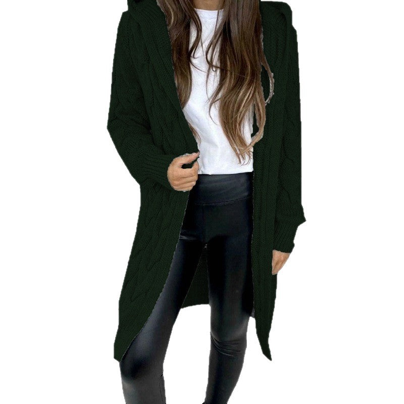 Women's Long Hooded Knit Twisted Sleeve Solid Knitwear