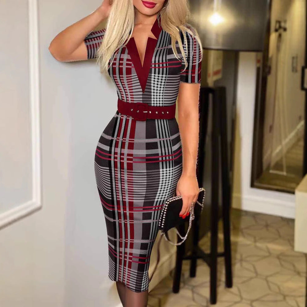 Women's Fashion Plaid Hip Long Sleeve Sexy Dress