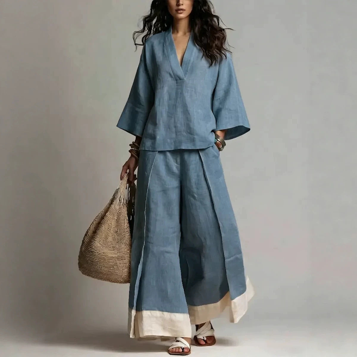 Women's Cotton Linen French Collar Sleeve Shirt Contrast Fashion Casual Suit