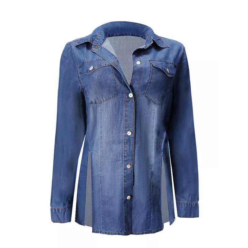 Women's Denim Shirts Button Roll Sleeve Split Blouses