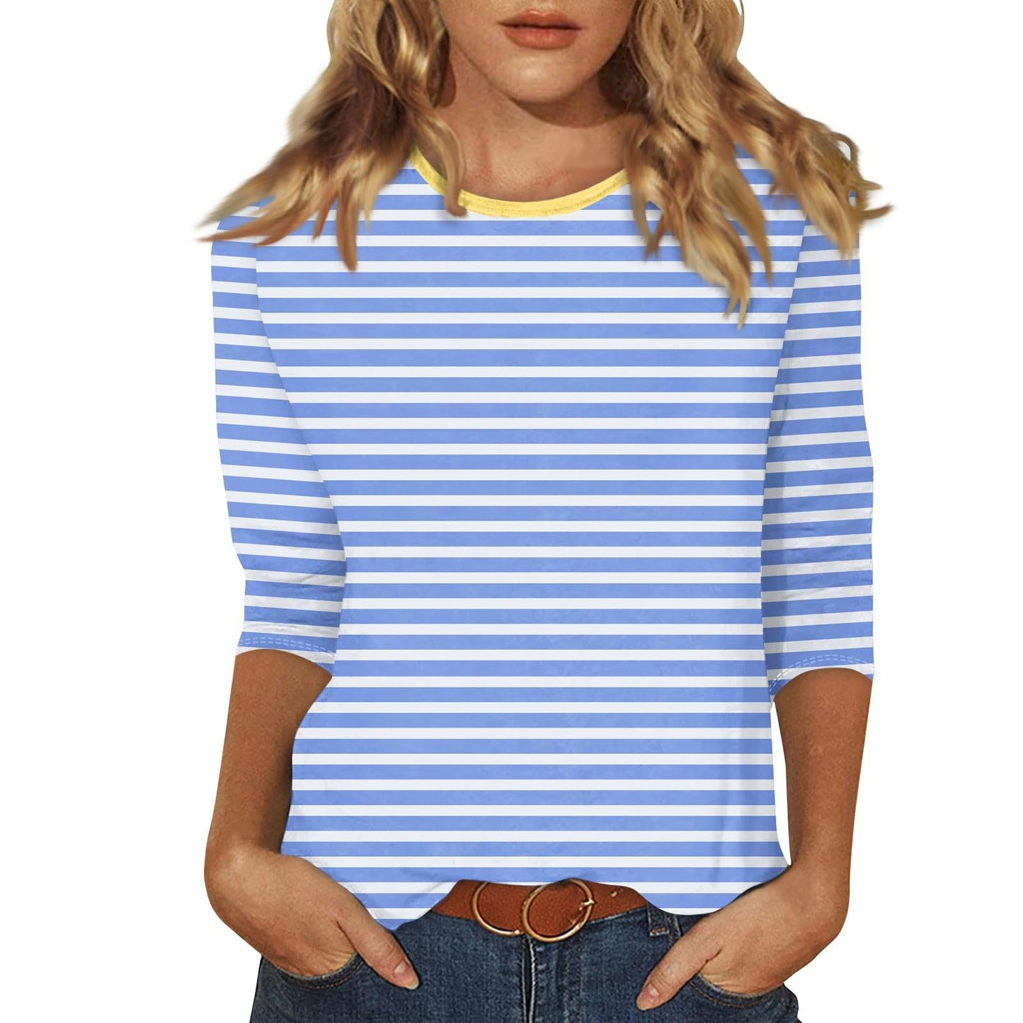 Women's Printed Sleeves Loose Crew Neck Casual Blouses