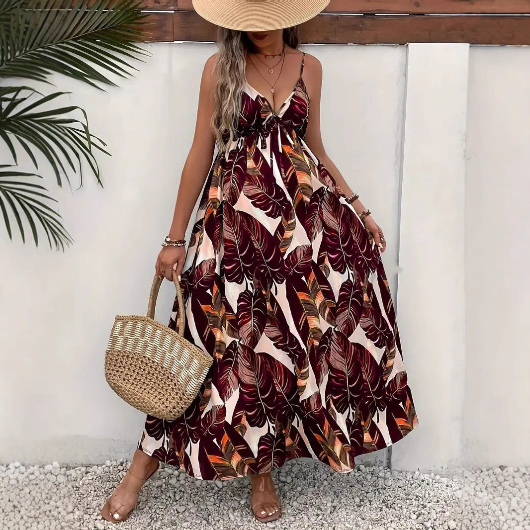 Summer Printed Spaghetti Straps Sleeveless Tropical Printing Dress