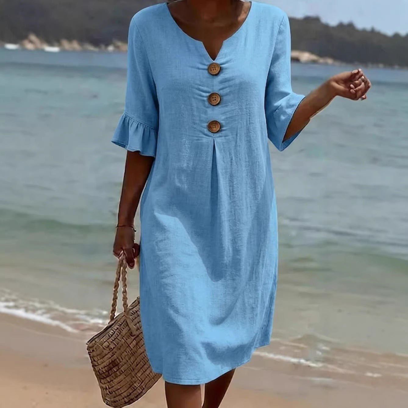 Women's Cotton Linen Large Buttons Ruffle Sleeve Dress