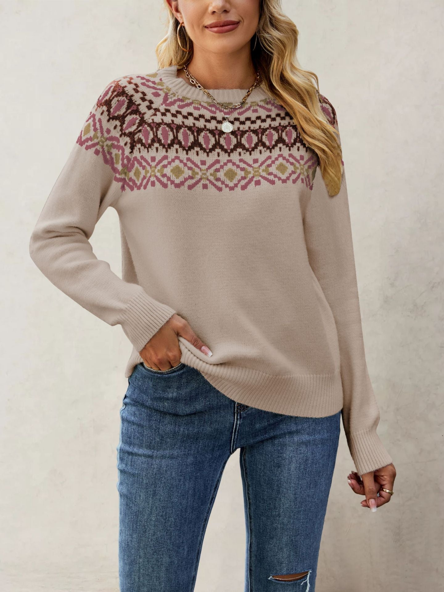 Jacquard Vintage Large Round Neck Pullover Sweaters