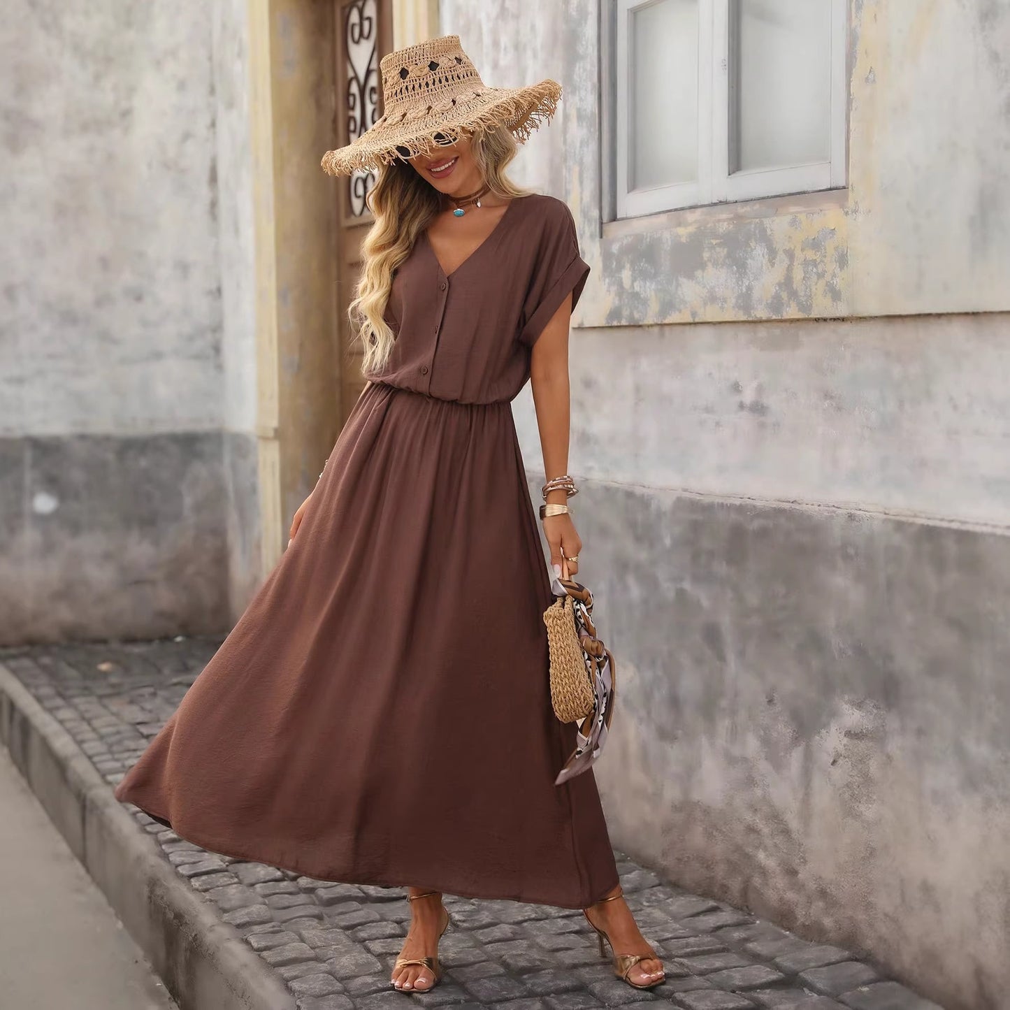 Women's Summer Solid Color Waist Tight Batwing Sleeve Dress