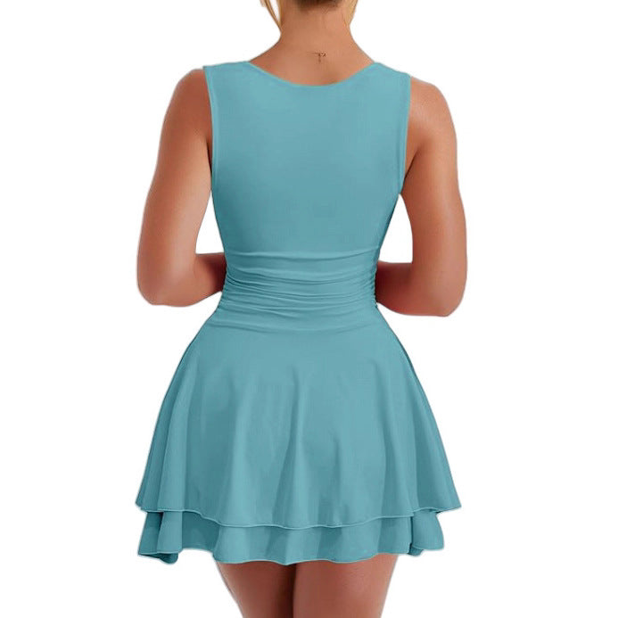 Women's Square Collar Waist Pleated Hem Mini Dress
