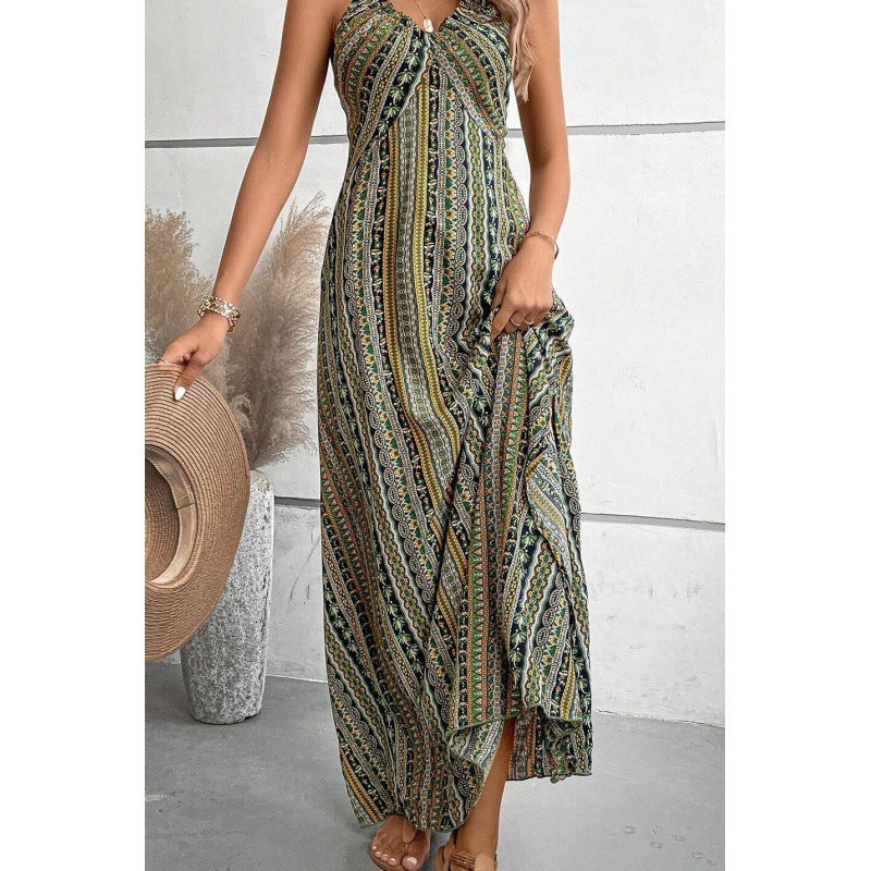 Women's Suspenders Printed Beach Slit High Waist Dress