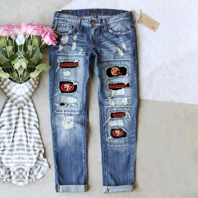 Women's Ripped Print Street Contrast Color Straight Jeans