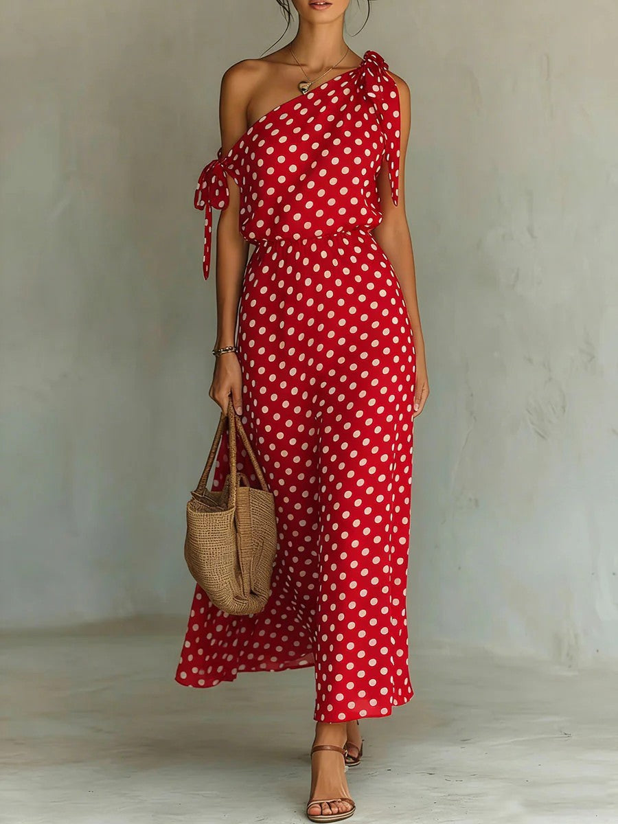 Women's Elegant Cold-shoulder Sleeveless Casual Loose Polka Dress