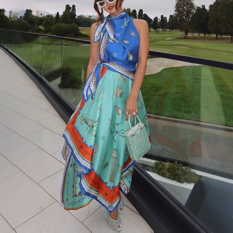 Women's Fake Two-piece Printed Asymmetric Round Neck Dresses