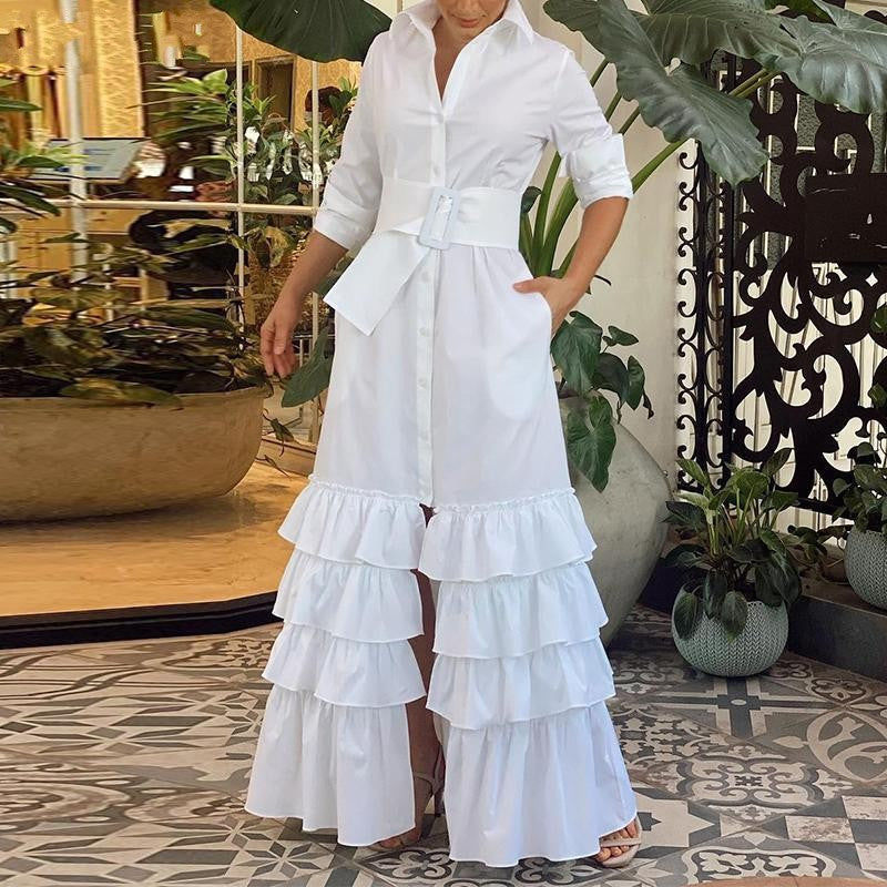 Long Solid Color Polo Collar Series Belt Dress