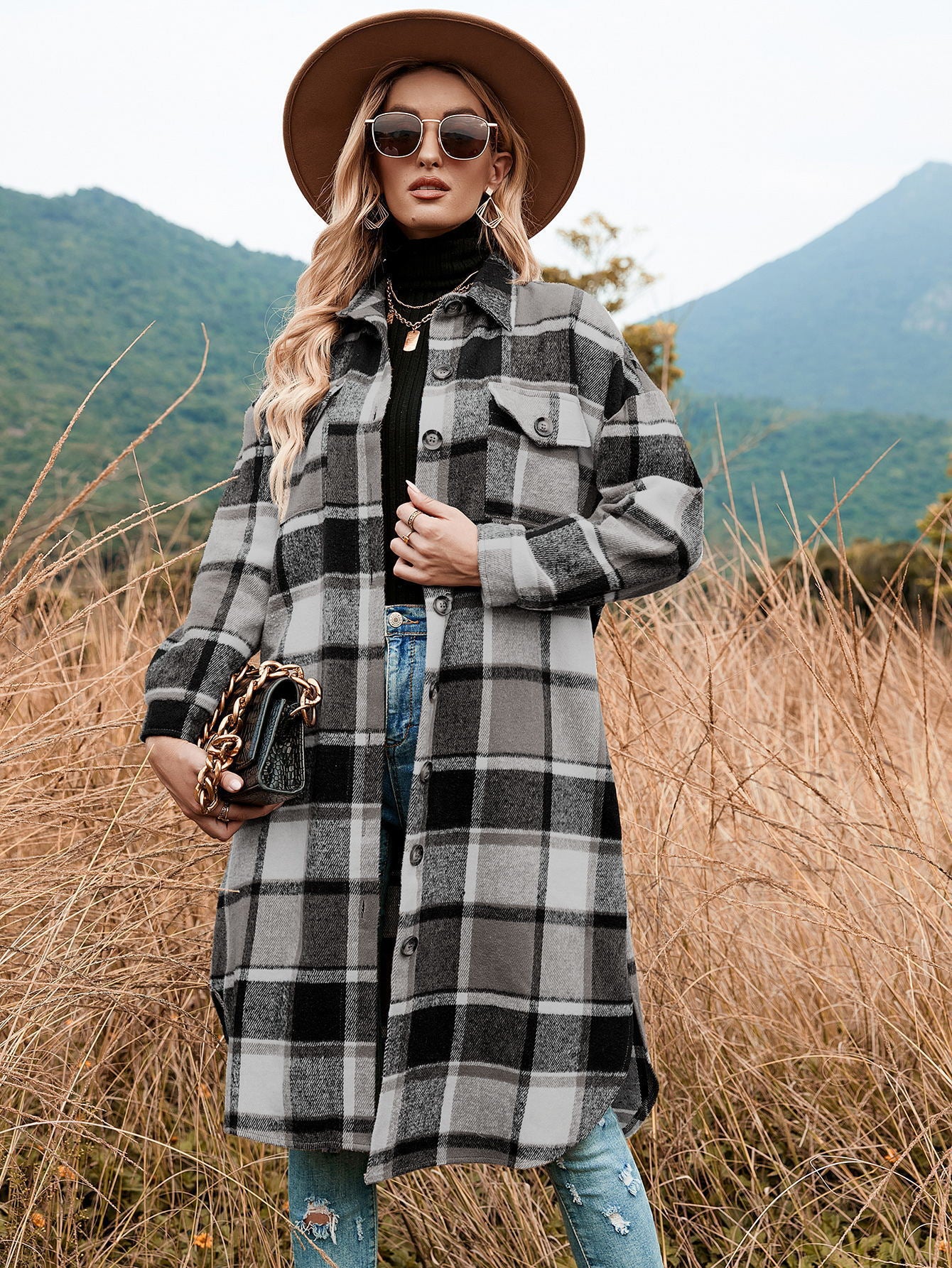 Women's Elegant Long Trench Lapel Pocket Plaid Coats