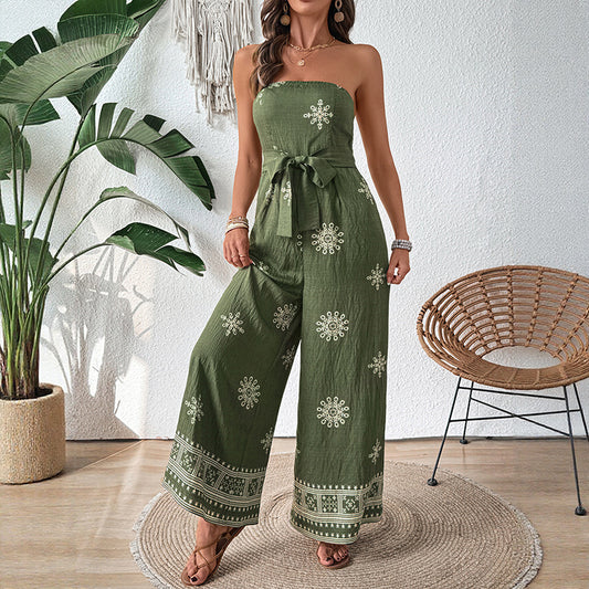 Women's Tube Printed Wide Leg Straight Jumpsuits