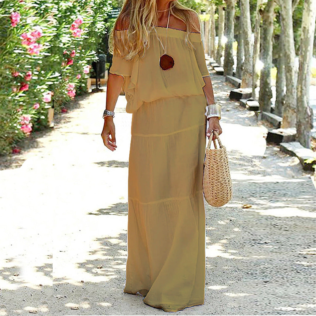 Casual Solid Color Elastic Waist Sleeve Dresses