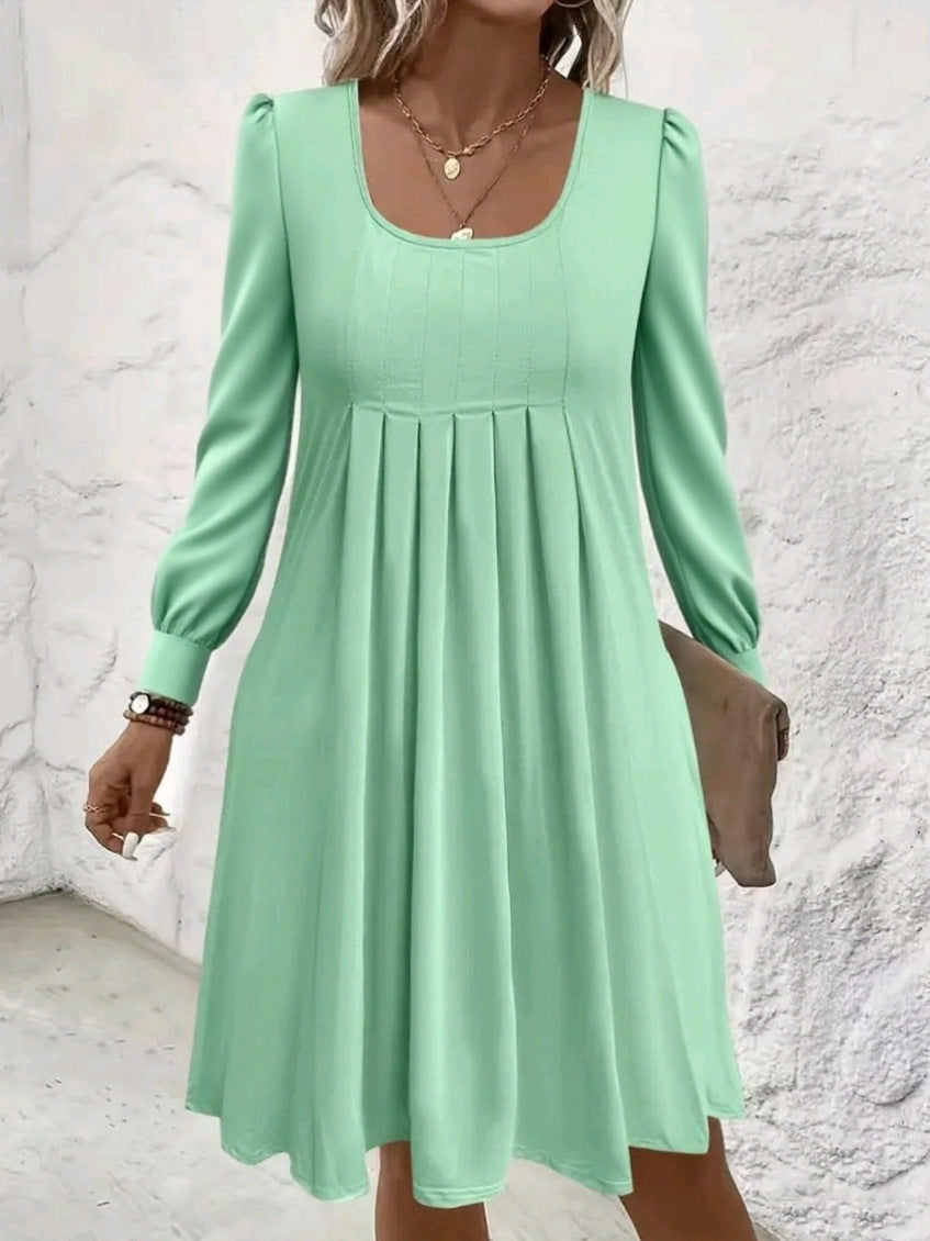 Popular Long Sleeve Fashionable Pleated Mid-length Dress