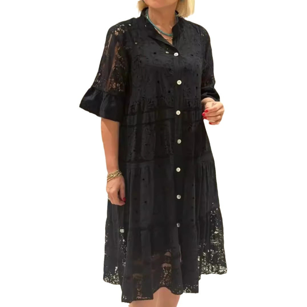 Women's Summer Solid Color Lace Button Stitching Dress