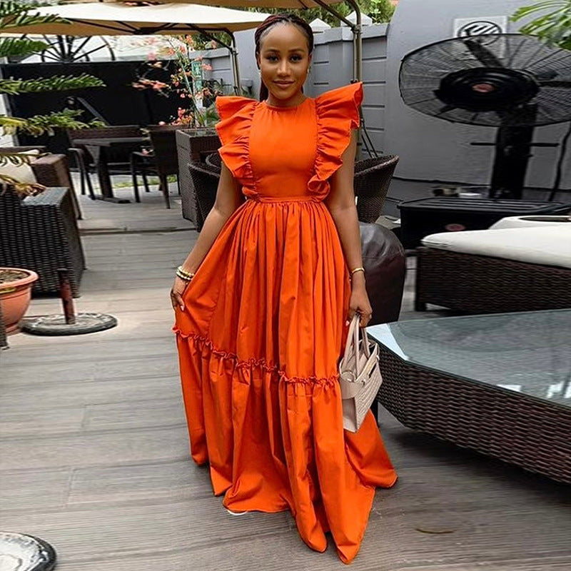 Women's Ruffle Sleeve Round Neck Waist Trimming Long Dresses