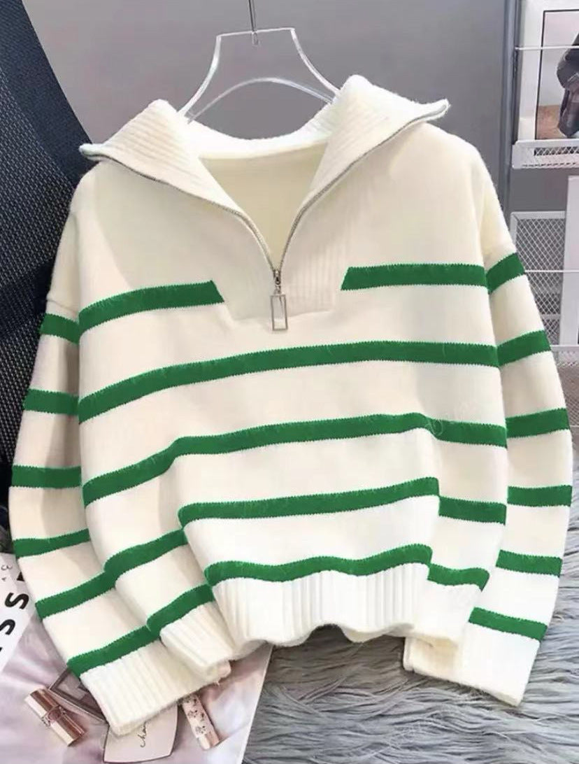 Contrast Color Striped Loose Idle Korean Style Pullover Urban Half Women's Sweater