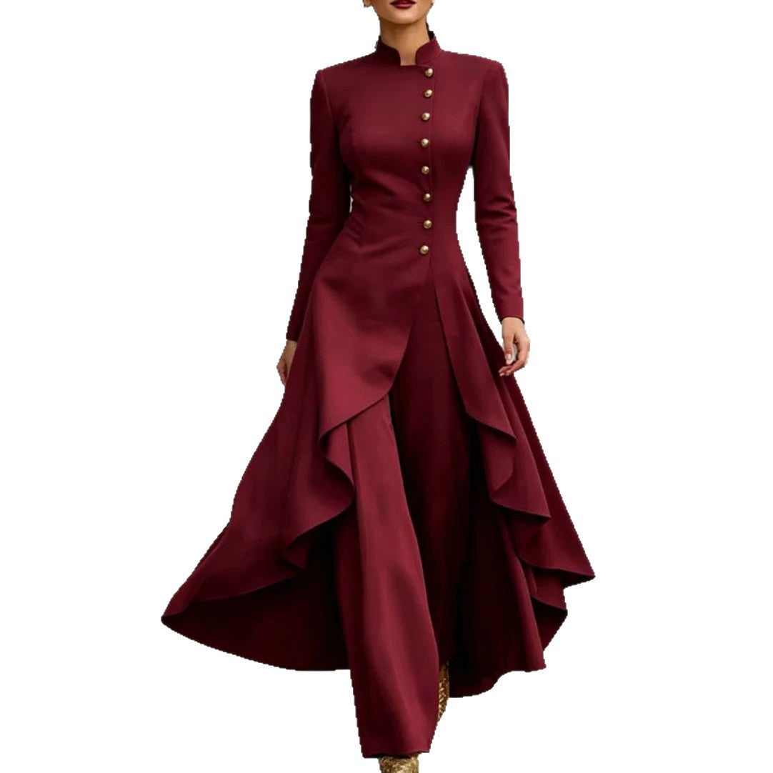 Style Turtleneck Fake Button Solid Color Elegant Fashion Casual Suit