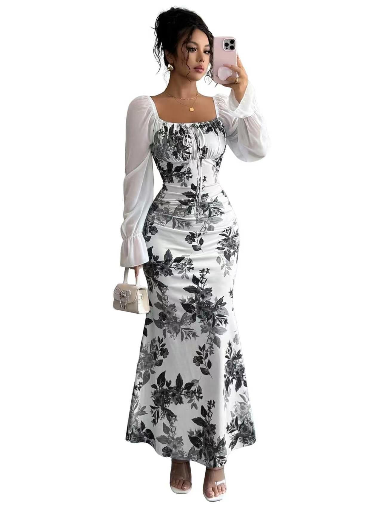 Women's Elegant Pleated Waist Floral Horn Sleeveless Dress