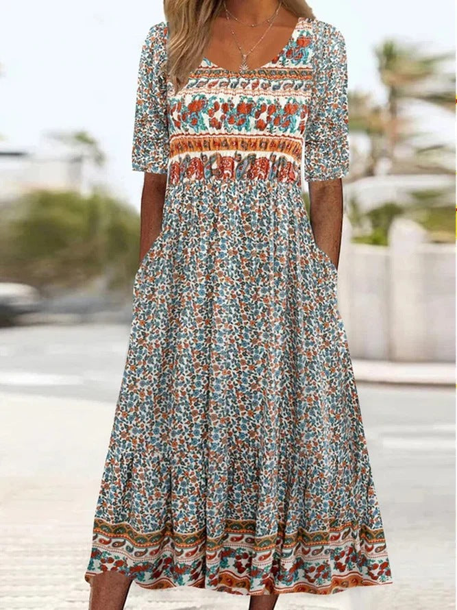 Women's Summer Round Neck Sleeve Dress Bohemian Dresses