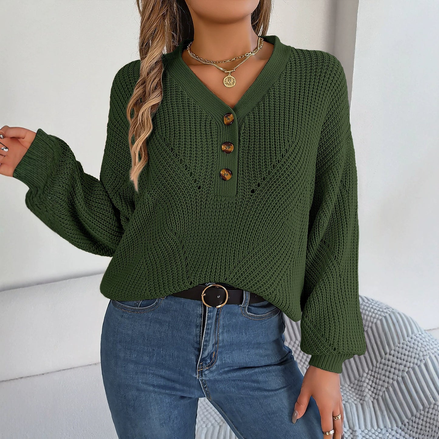 Women's Hollow Out Button Lantern Sleeve Pullover Sweater