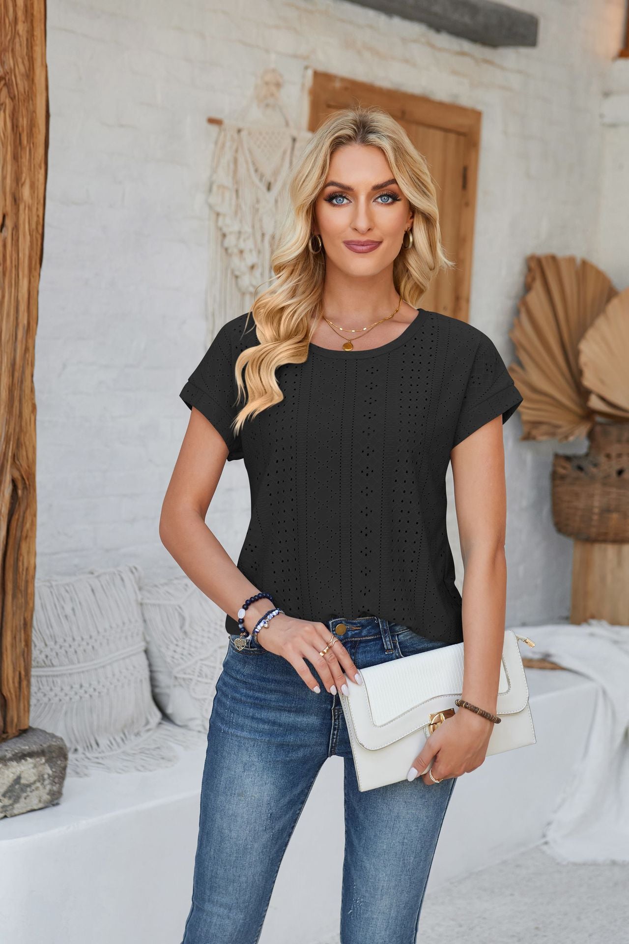 Women's Loose Round Neck Eyelet Lace Solid Blouses