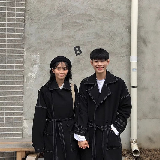 Women's & Men's & Textured College Style Long Lovers Trench Over The Coats