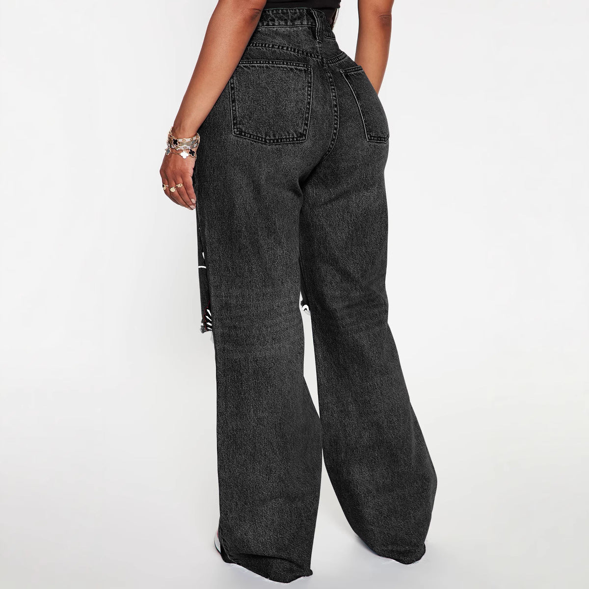 Women's Worn-out Design High Waist Fashion Trousers Jeans