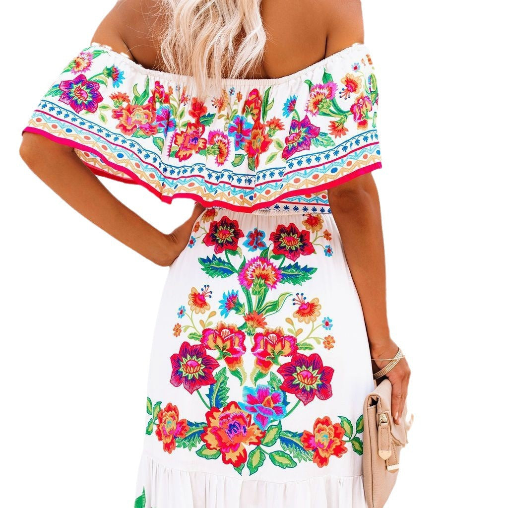 Women's Red Flower Print Long Large Hem Dresses
