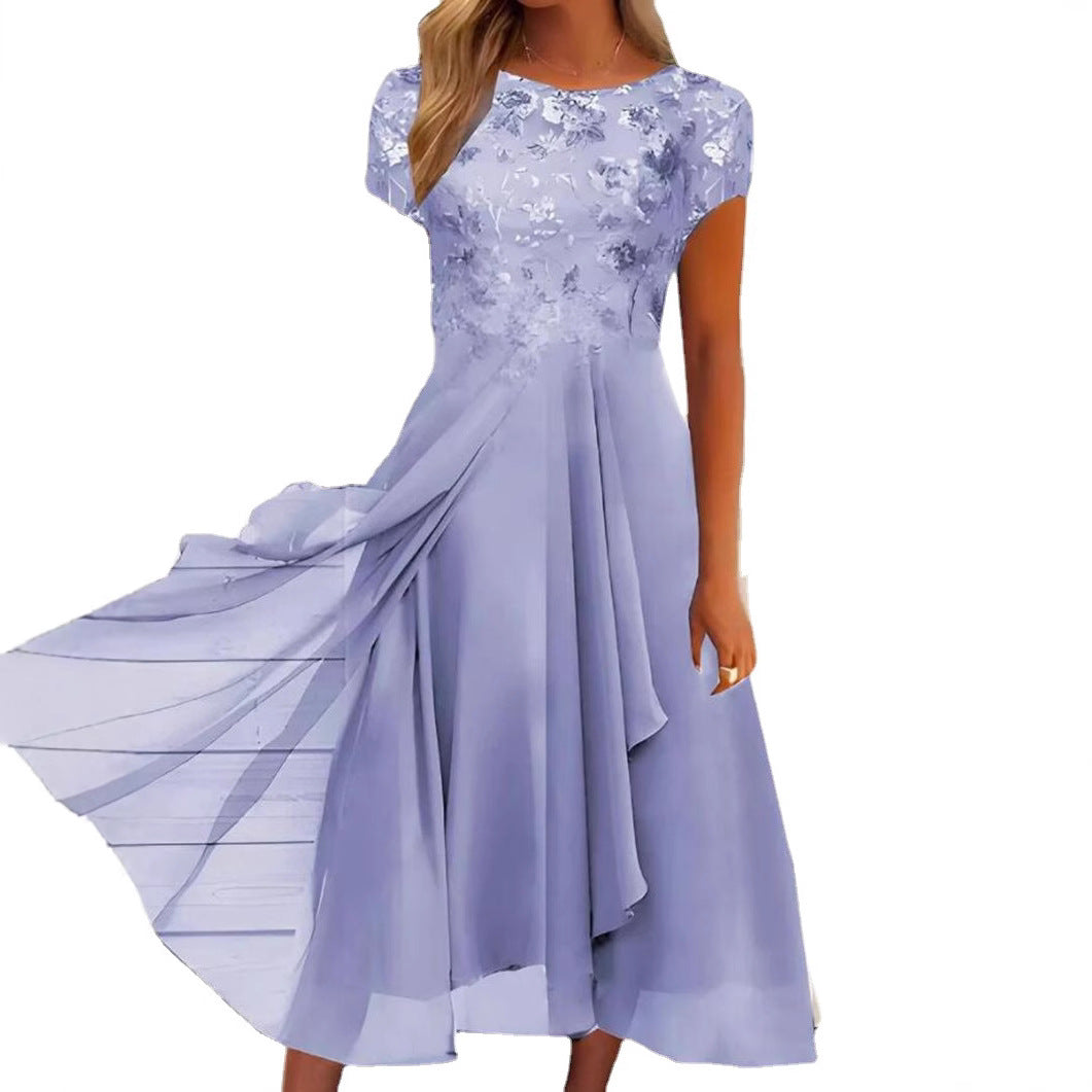 Chiffon Patchwork Round Neck Lace Long Dress