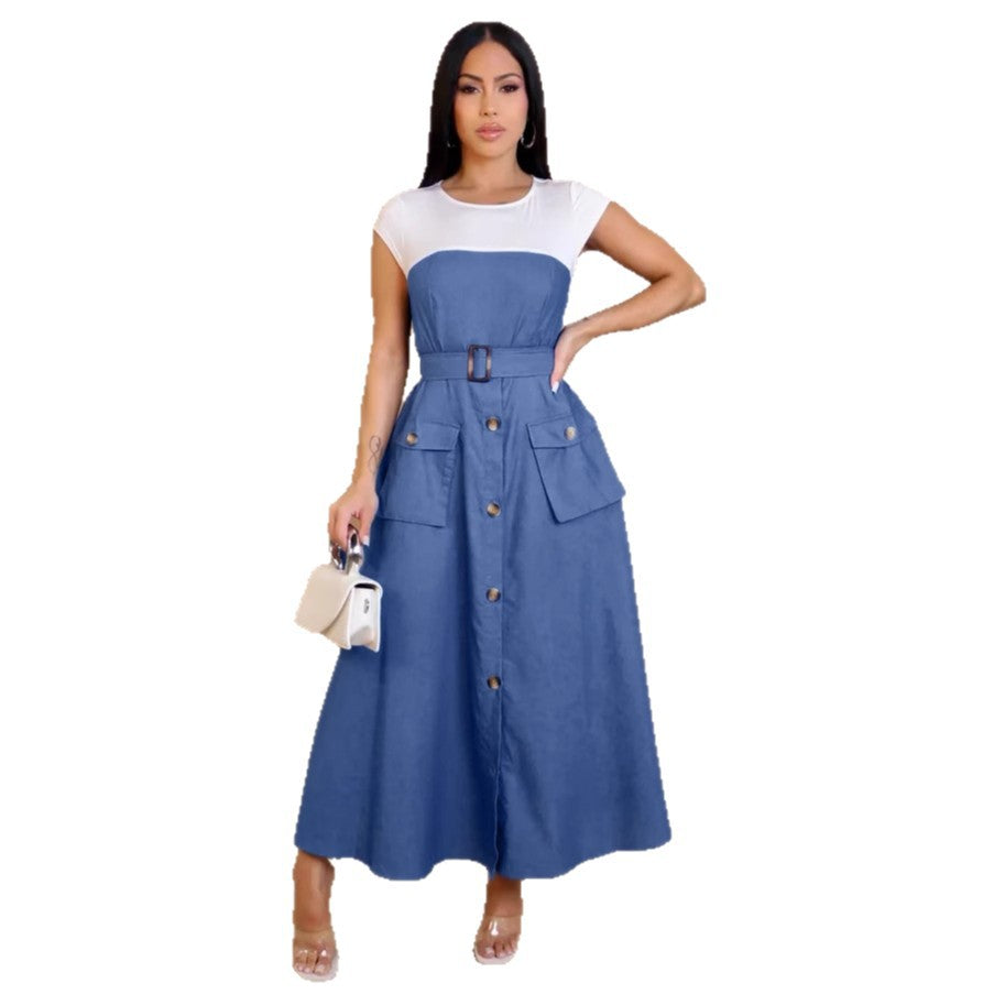 Stitching Contrast Color Overalls Pocket Hemline Dresses