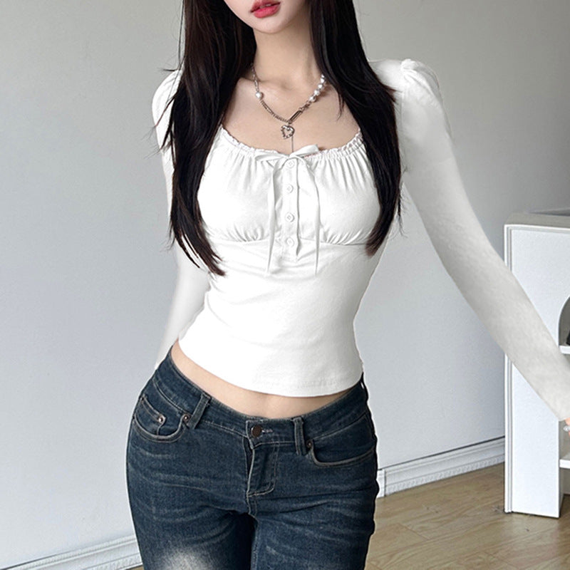 Women's Sleeve Sweet Fresh Pleated Bow Bandage Cinched Slimming Blouses