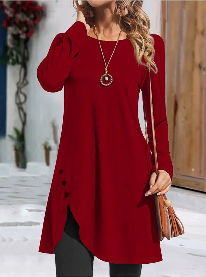 Women's Round Neck Solid Color Long Sleeve Dress