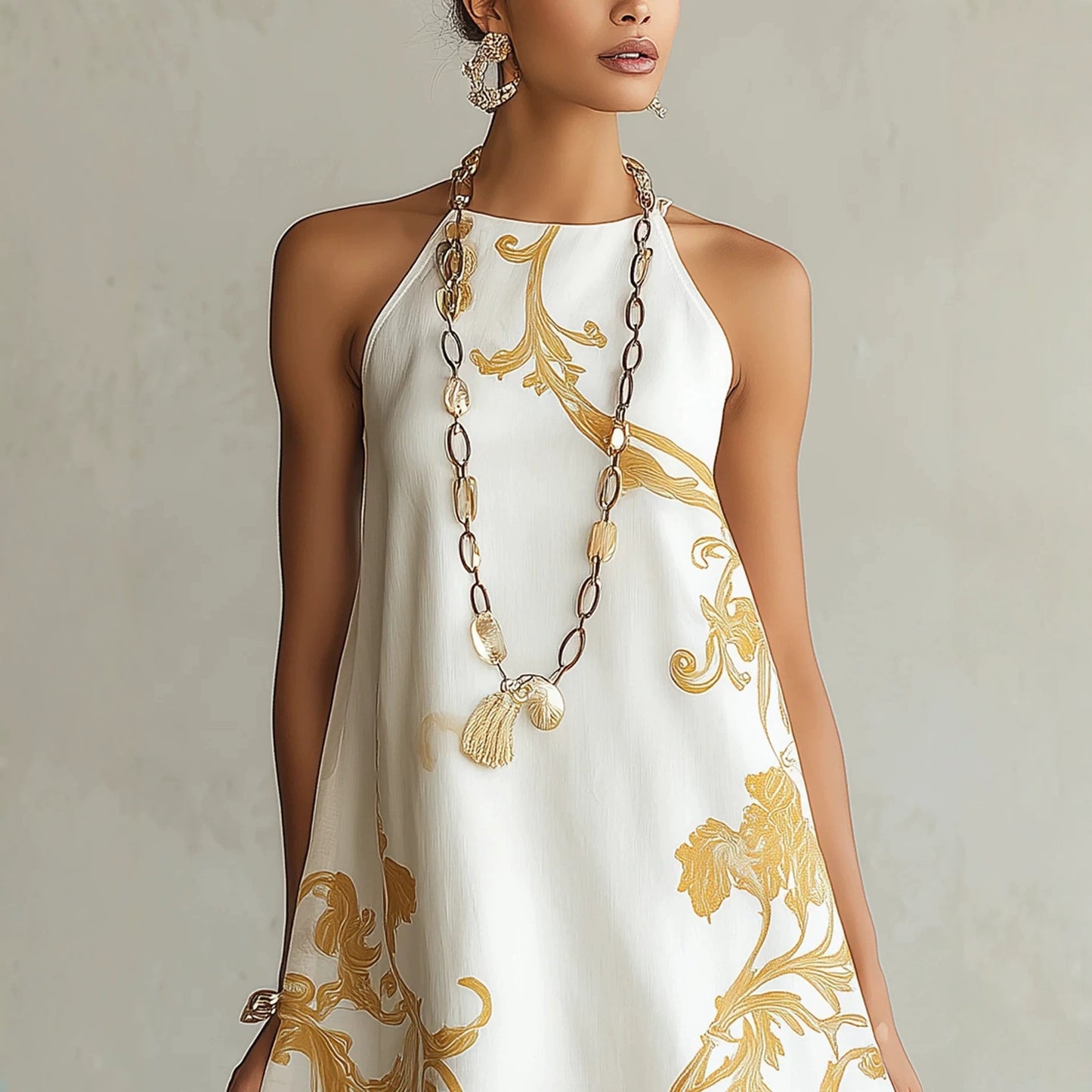 Light Luxury Golden Vine Printed Halter Sleeveless Lace Stitching Dress