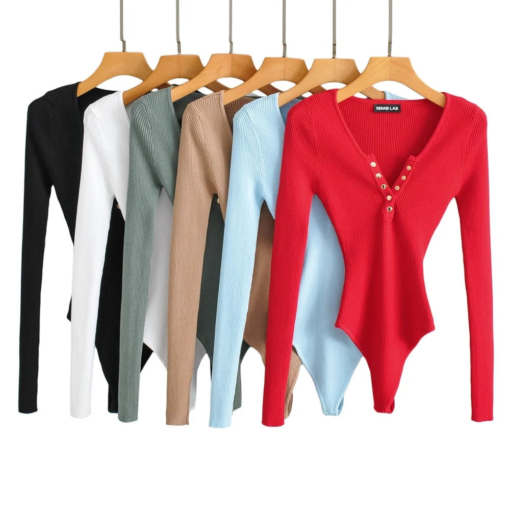 Women's Hot Sexy Button Knitted Long Sleeve Jumpsuits